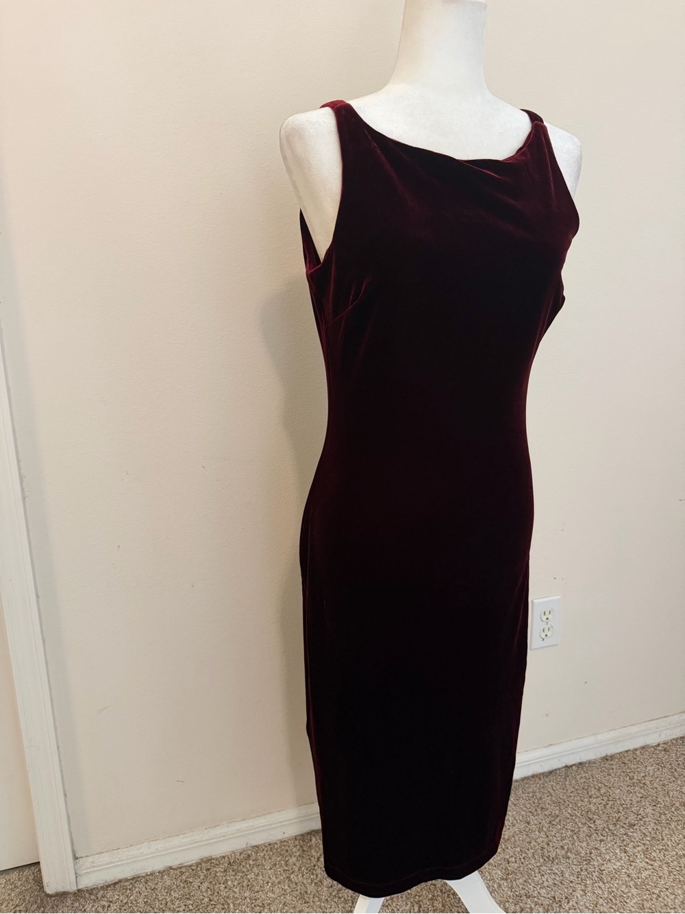 Vintage 1990’s Bebe Burgundy Red Velvet Midi Dress Size L Grunge Y2K Minimalist